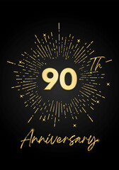 90 years golden anniversary logo celebration with a firework on black background. 90 years anniversary card template. vector design for greeting cards, birthday, wedding events, and invitation card