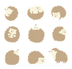 Cute cartoon Hedgehogs in Various Poses Vector Set. forest animal.Friendly Forest Creature Collection. Flat vector illustration isolated