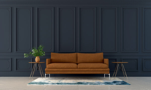 Modern living room and empty blue wall decor pattern background interior design. 3d render