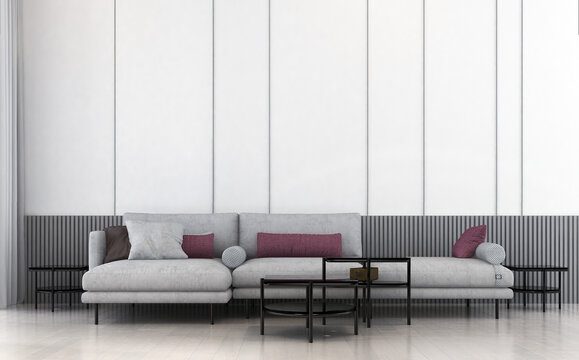Modern living room and white wall decor pattern background interior design. 3d render