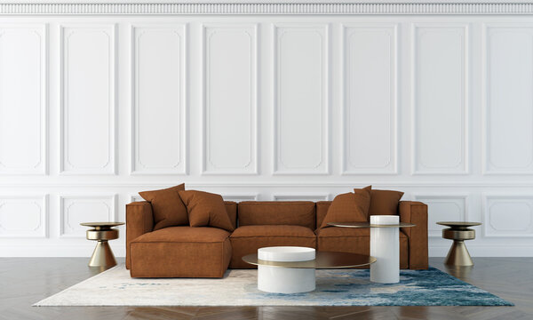Modern living room and empty white wall decor pattern background interior design. 3d render
