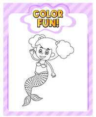 Worksheets template with color fun! text and mermaid outline