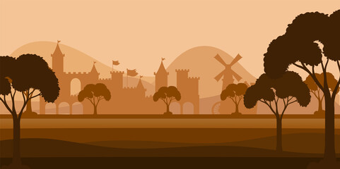 Fototapeta na wymiar Landscape scene silhouette with medieval town