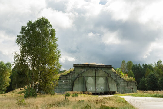 Abandoned cold war Soviet era concealed military aircraft hangar, Mimoň, Czech Republic