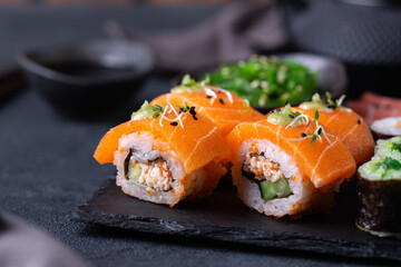 Vegan Sushi, Sashimi and Maki Rolls with Plant based seafood