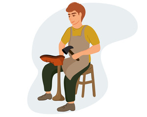 A young shoemaker makes or repairs shoes in a workshop. Cartoon vector illustration.
