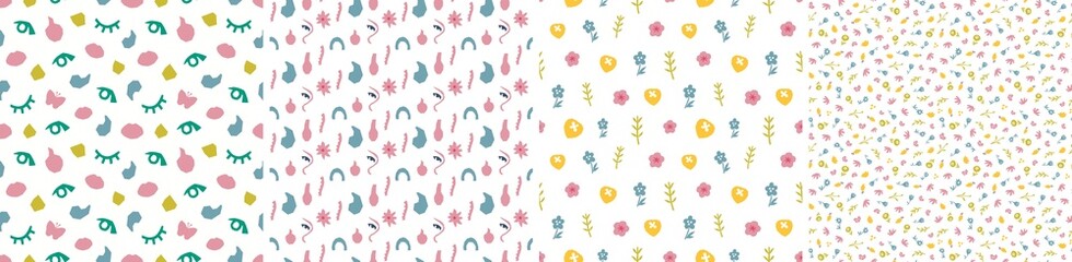 Set of seamless patterns in cutout style. Vector backgrounds