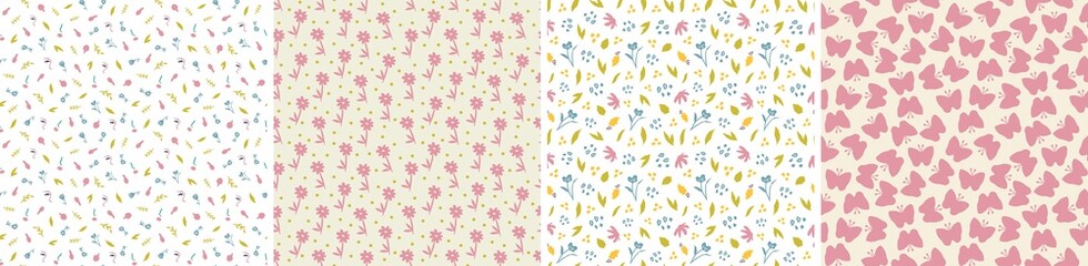 Set of seamless patterns in cutout style. Vector backgrounds