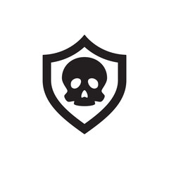 skull shield, cyber attack protection icon in black flat glyph, filled style isolated on white background