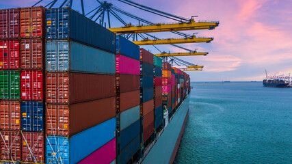Container ship unloading crane ship seaport, Global business logistic import export freight...