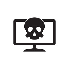 Computer hacking sign, computer displaying skull symbol icon in black flat glyph, filled style isolated on white background