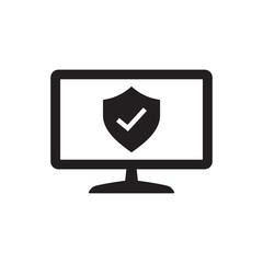 Computer with warning sign icon in black flat glyph, filled style isolated on white background