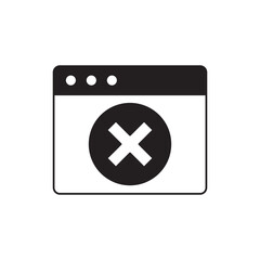 Browser with error sign icon in black flat glyph, filled style isolated on white background