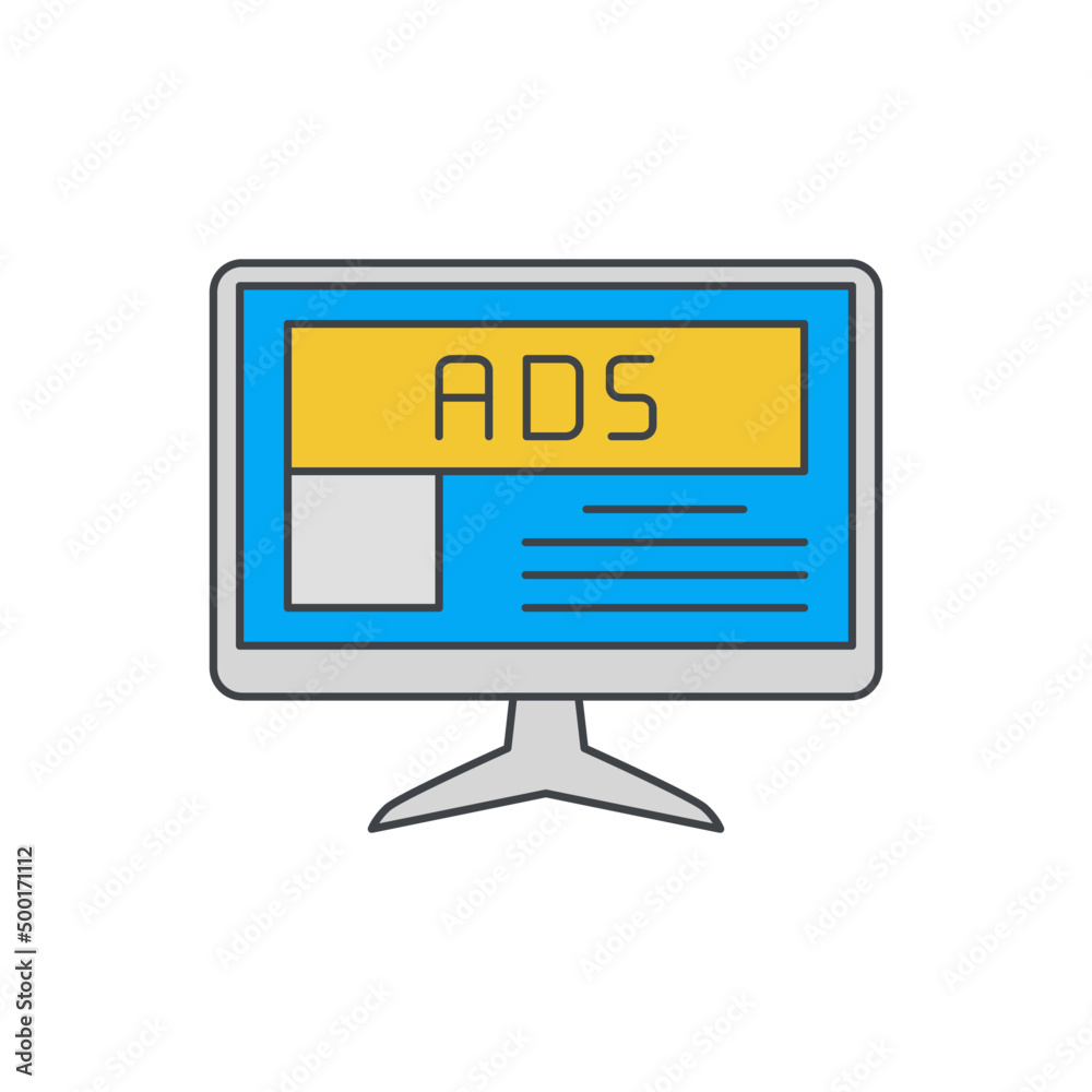 Wall mural Computer displaying ads icon in color icon, isolated on white background 