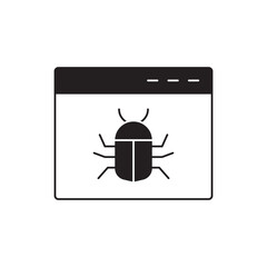 Browser with bug or malware icon in black flat glyph, filled style isolated on white background