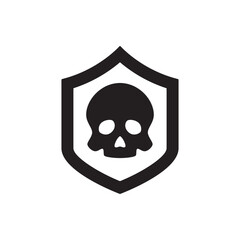skull shield, cyber attack protection icon in black flat glyph, filled style isolated on white background