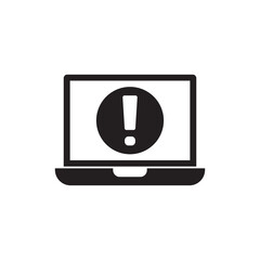 Laptop with warning sign icon in black flat glyph, filled style isolated on white background