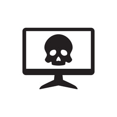 Computer hacking sign, computer displaying skull symbol icon in black flat glyph, filled style isolated on white background