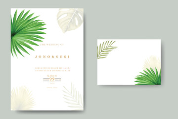 Summer wedding card design with tropical leaf ornament 