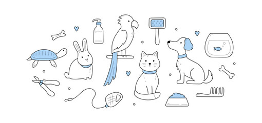 Pets, love home animals doodle concept with domestic cat, dog, parrot, rabbit with turtle or fish in aquarium. Food bowl, comb, scissors and leash, bone, cosmetics bottles, Linear vector illustration