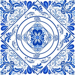 Russian traditional ornaments in gzhel style painted blue on white. Flowers and swirls, elegant intricate foliage. Hand drawn traditional folk art.