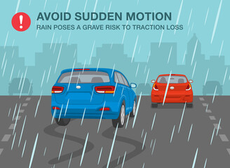 Safe driving rules and tips. Driving on a rainy and slippery road. Avoid sudden motion, rain poses a grave risk to traction loss. Flat vector illustration template.