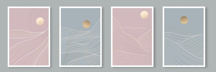 Mountain Landscape Cards Set.  Set of Minimalist Hand Drawn Line Art Templates with Mountains. Abstract Line Drawing Template Design for Card, Flyer, Greeting, Banner, Cover. Vector EPS 10