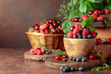 Assorted fresh berries with leaves.