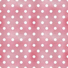 Pink baby girl watercolor seamless pattern with white points. Baby pink paint brush stroke background.