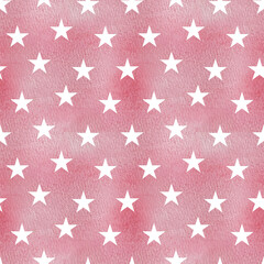 Pink baby girl watercolor seamless pattern with white stars. Baby pink paint brush stroke background.