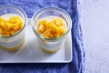homemade mango panna cotta with fresh ripe mango on top
