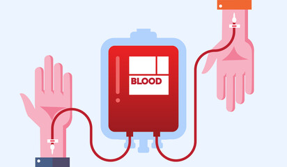 Volunteers Male Characters Sitting in Medical Hospital Chairs Donating Blood. Doctor Woman Nurse Take it in Test Flasks, Donation, World Blood Donor Day, Health Care. Cartoon Flat Vector Illustration