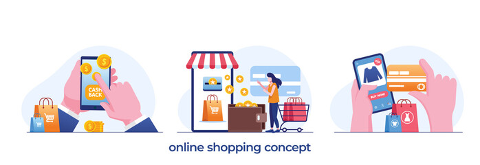 online shopping concept, e-commerce, flash sale, discount, payment cashless, digital, flat illustration vector
