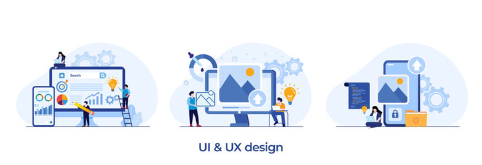 Web design, ui ux and programmer with computer, software development, flat illustration vector