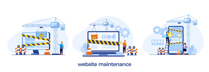 website maintenance, coding and programming, under maintenance, technology, software development, flat illustration vector