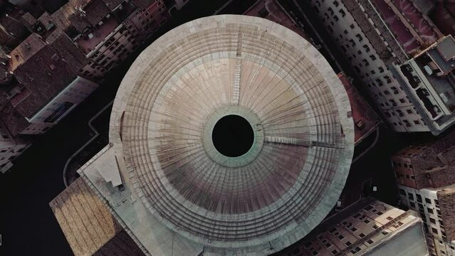 Aerial view above the Pantheon temple, in Rome, Italy - screwdriver, drone shot