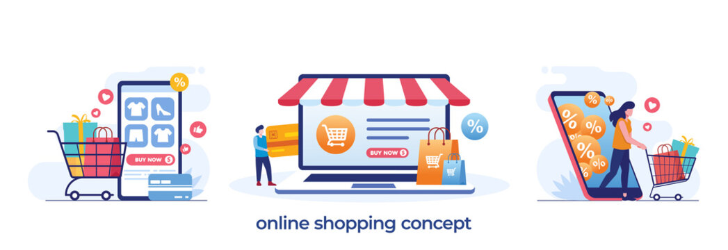 online shopping concept, e-commerce, flash sale, discount, payment cashless, digital, flat illustration vector
