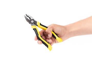 Hand is holding pliers on white background. 