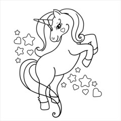 Cute unicorn with stars. Isolated contour for coloring book, vector illustration.