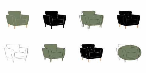 Set of color and silhouette armchairs. Scandinavian furniture in different styles. Vector illustration on isolated white background.