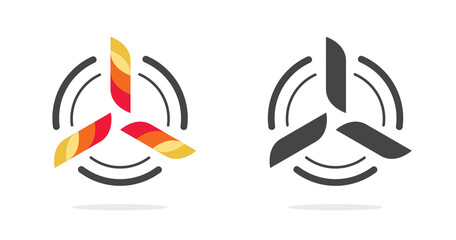 Logo of aircraft aviation vector icon or wind energy propeller geometric graphic with three elements symbol, concept of plane engine pictogram, air fan logotype © vladwel