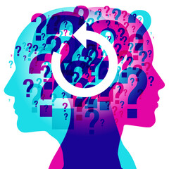 A male and female back-to-back silhouette overlaid with various sized transparent Question marks. Overlaid centrally is a large white reset / rewind icon graphic.