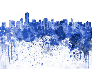 Miami skyline in blue watercolor on white background