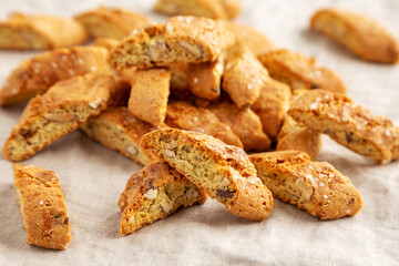 Homemade Italian Cantuccini with Almonds, side view. Crispy Almond Cookies. Close-up.