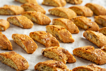Homemade Italian Cantuccini with Almonds, side view. Crispy Almond Cookies. Close-up.