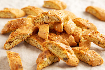 Homemade Italian Cantuccini with Almonds, side view. Crispy Almond Cookies. Close-up.