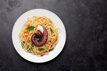 Seafood pasta with octopus and shrimps