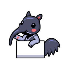 Cute little anteater cartoon with blank sign