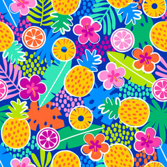 Colorful pineapple, hibiscus and tropical leaf seamless pattern for summer holidays background.