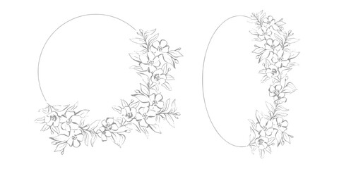 Minimalist lineart floral wedding crest and wedding wreath, vintage and antique handrawn floral circle and oval frame